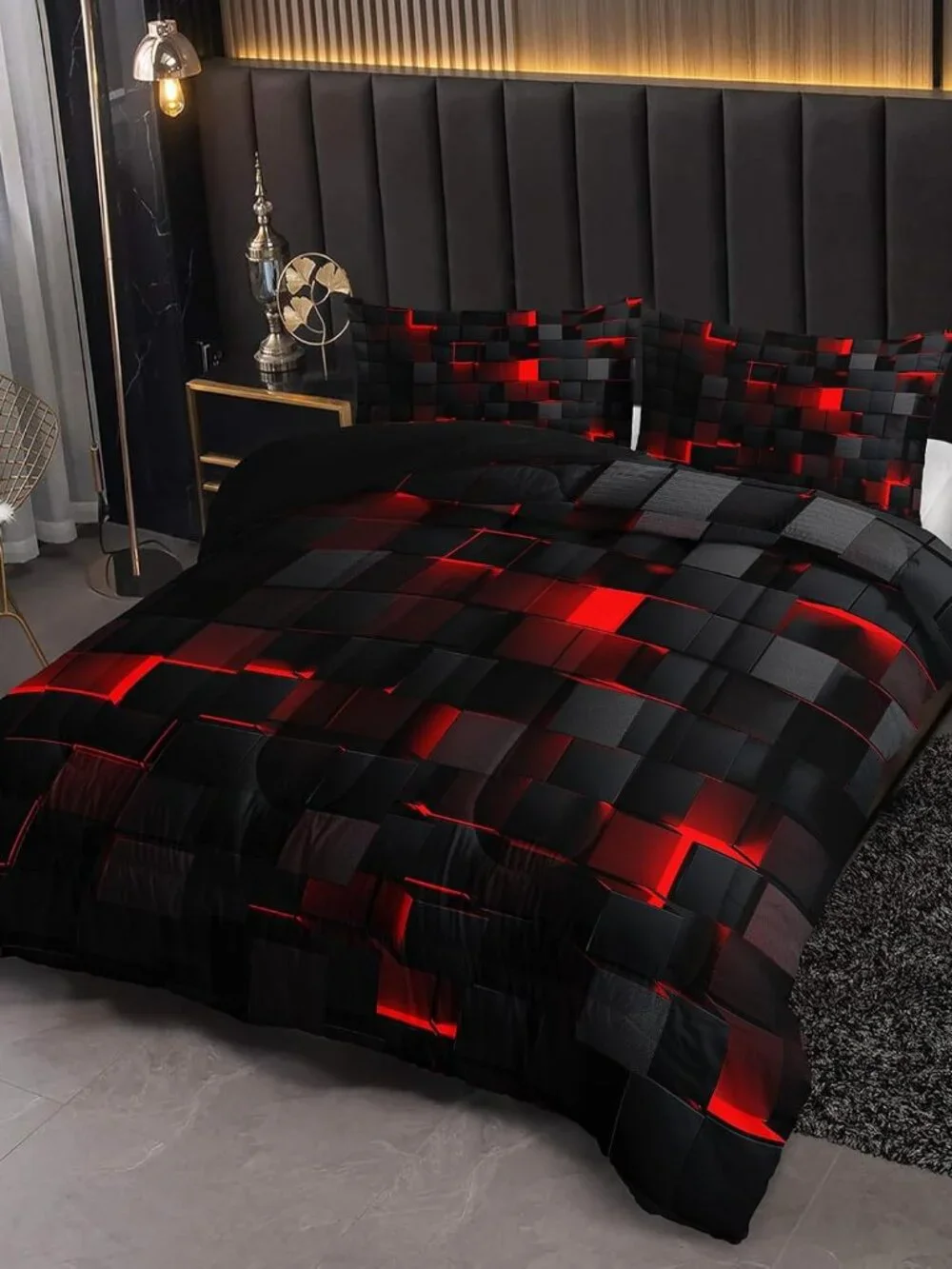 Neon Red Black Comforter Set King Geometric Kids Bedding Set,3 PCS Geometry Hone
